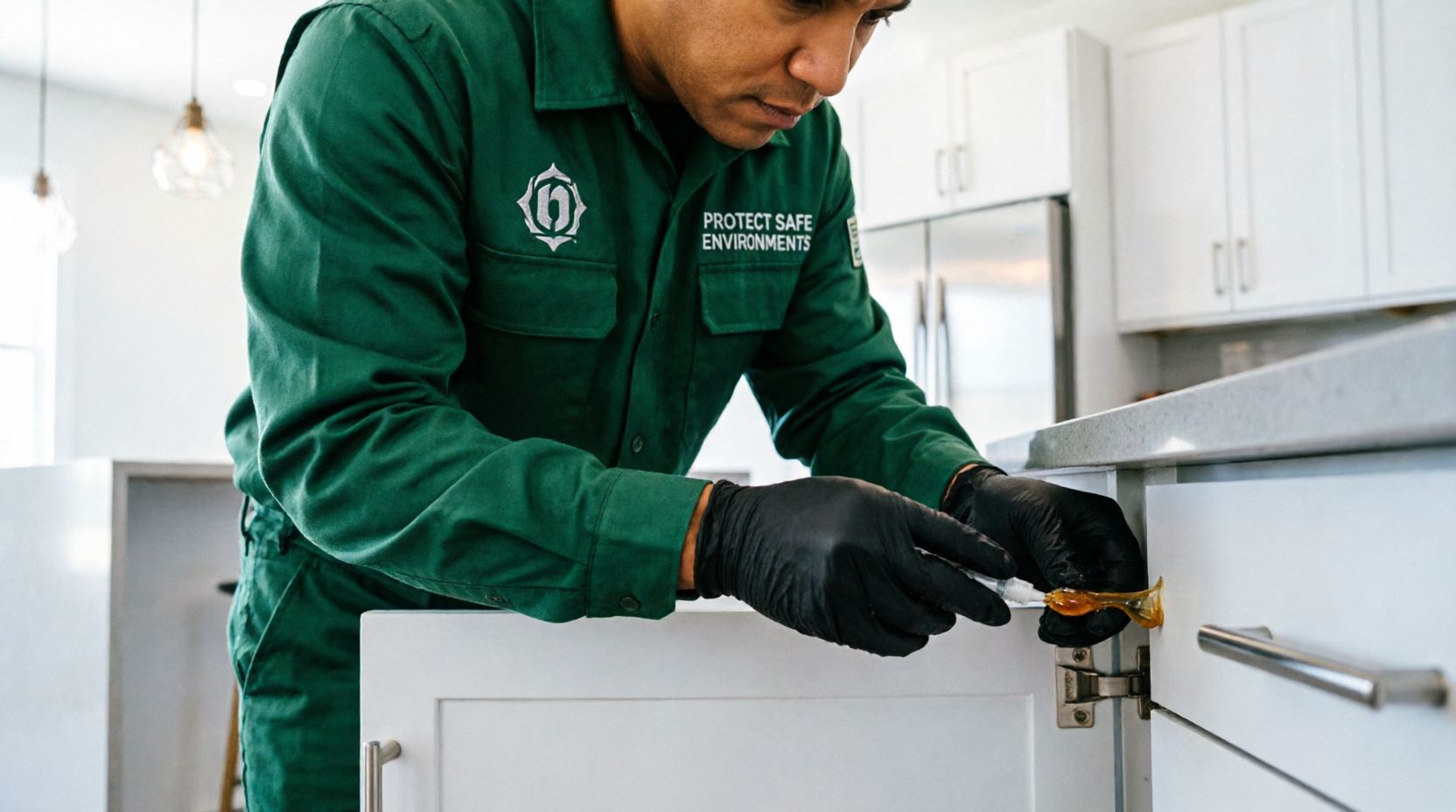 Technician applying gel bait in kitchen